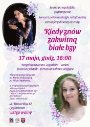 plakat w kolorze jasno fioletowym, zdjęcia dwóch Pań artystek po bokach, po środku opis wydarzenia