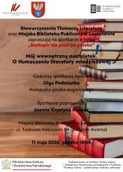 plakat w kolorze jasny brąz po lewej stronie opis wydarzenia po prawej stronie książki jedna na drugiej