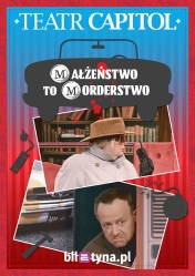 plakat na górze niebieskie tło, na dole czerwone tło na środku zdjęcie kobiety ze słuchawką telefonu, pod nią zdjęcie mężczyzny