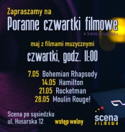plakat granatowe tło, opis wydarzenia litery w kolorze błękitnym i żółtym