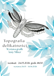 plakat białe tło, naśrodku motyl czarny pod spodem opis wydarzenia po bokach niebieskie liście