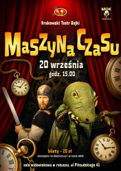 plakat, w tle bordowa kurtyna i machina czasu, z przodu mężczyzna i smok