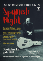 plakat, czarne tło, po środku mężczyzna i gitara, po lewej opis wydarzenia na górze czerwoone napisy, pod spodem żółte i na dole białe