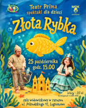 plakat niebieskie tło, na środku złota rybka i opis wydarzenia