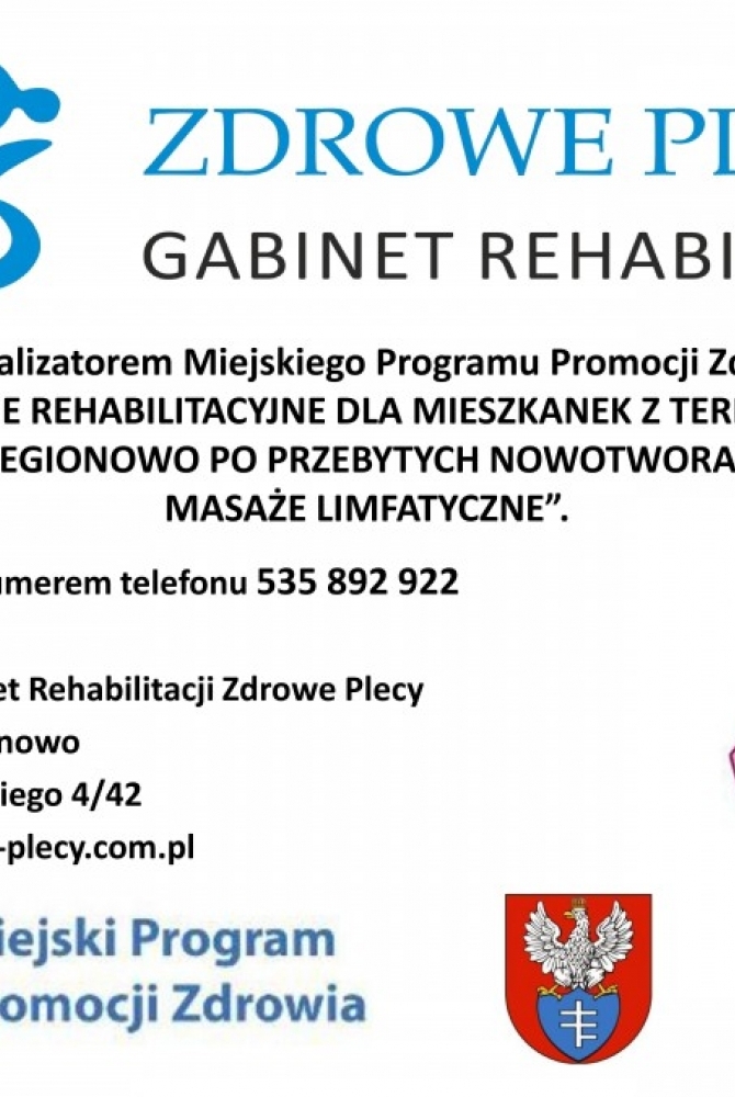 Baner reklamujący konsultacje rehabilitacyjne po przebytych nowotworach piersi