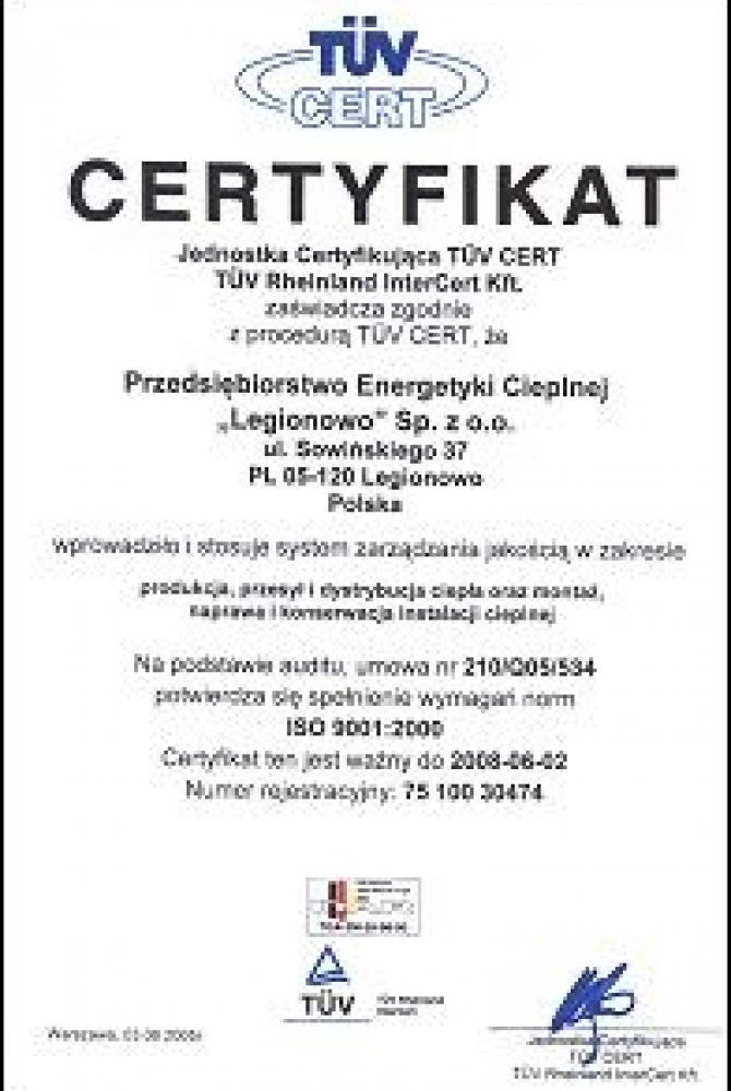 Certyfikat zgodności systemu zarządzania jakością z normą ISO 9001