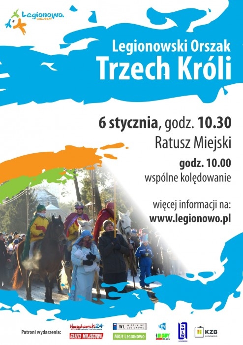 Plakat z orszakiem trzech króli. Na białym tle znajdują się informacje o wydarzeniu