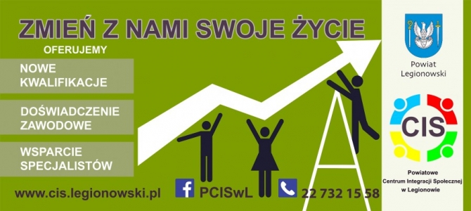 Reklama Centrum Integracji Społecznej. Grafika ludzi trzymających wskaźnik. Ludzie na banerze pną się w górę m.in przy użyciu drabiny