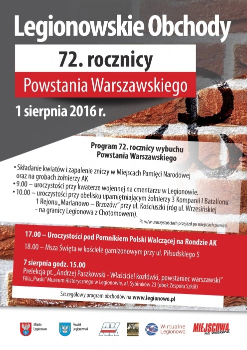Plakat obchodów. Program spotkania na Biało - Czerwonym pasku. W tle mur na którym znajduje się symbol Powstania Warszawskiego