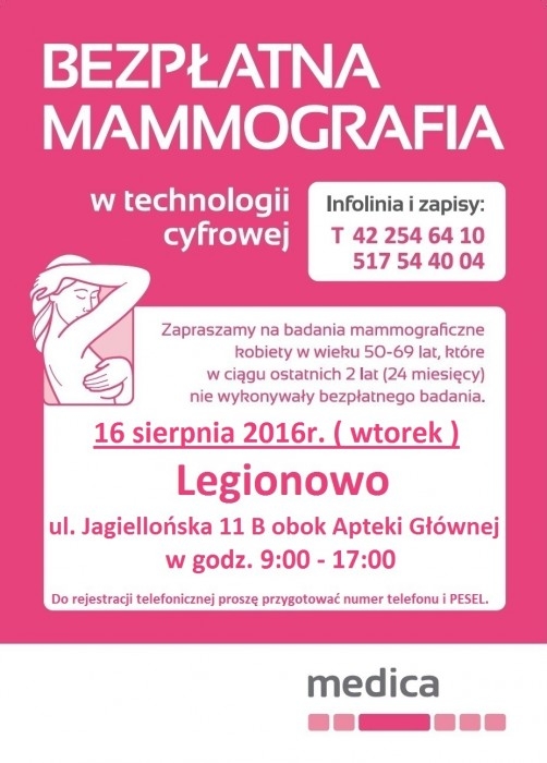 Plakat promujący wydarzenie. Pla plakacie rysunkowa kobieta przeprowadza badanie piersi.