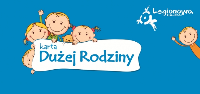 Logo: Karta Dużej Rodziny. Na niebieskim tle trójka narysowanych dzieci ukrywa się na zapisem Karta Dużej Rodziny.