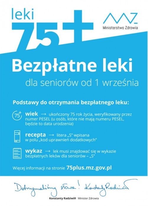 Plakat informacyjny ministerstwa. Leki 75+