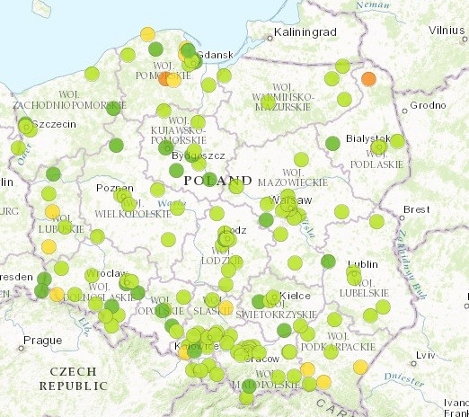 Bieżące dane pomiarowe: 2017-01-12 od 14:00 do 15:00 * ze strony http://powietrze.gios.gov.pl/pjp/warnings