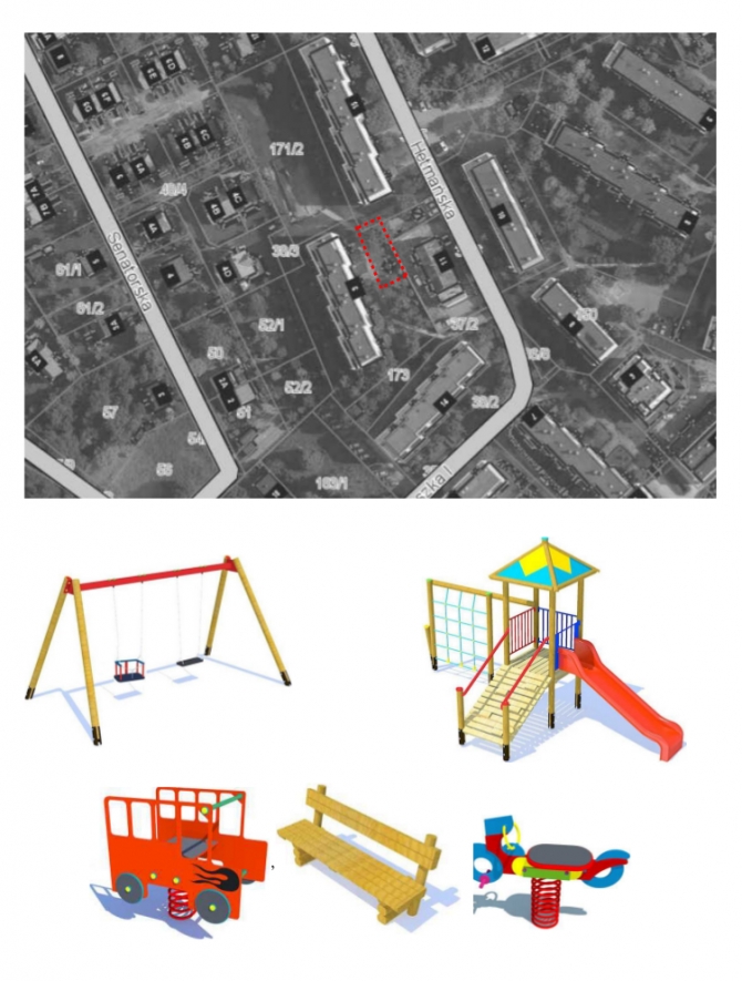 Plan miejsca w którym powstanie plac zabaw. Na placu zabaw przy ulicy Hetmańskiej przybędzie kilka nowych urządzeń rekreacyjnych.  Wśród nich znajdzie się podwójna huśtawka dla młodszych i starszych dzieci z siedziskiem płaskim i kubełkowym zapinanym na łańcuch oraz zestaw ze zjeżdżalnią z daszkiem i przeplotnią linową.