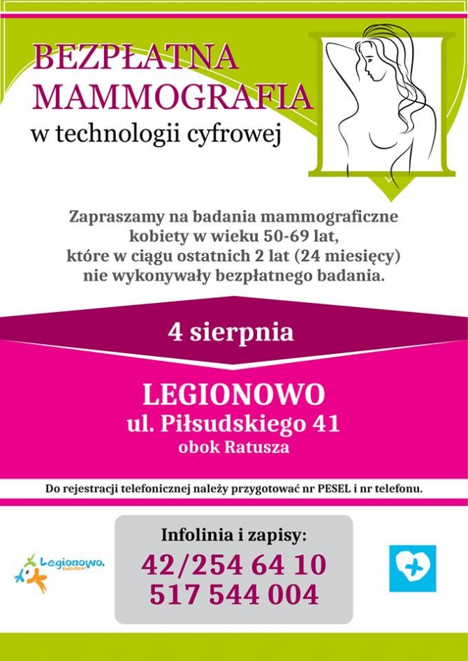 Plakat promujący wydarzenie. Zapraszamy panie w wieku 50-69 lat na bezpłatne badanie mammograficzne. Badania odbędą się 4 sierpnia w Legionowie obok miejskiego ratusza.