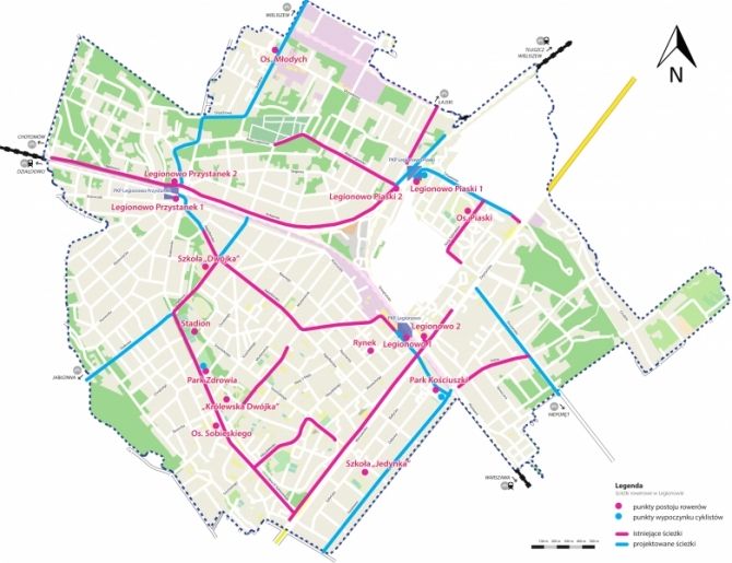 Mapa Legionowa z zaznaczonymi ścieżkami rowerowymi, punktami postoju, punktami wypoczynku cyklistów, istniejącymi oraz planowanymi ścieżkami.