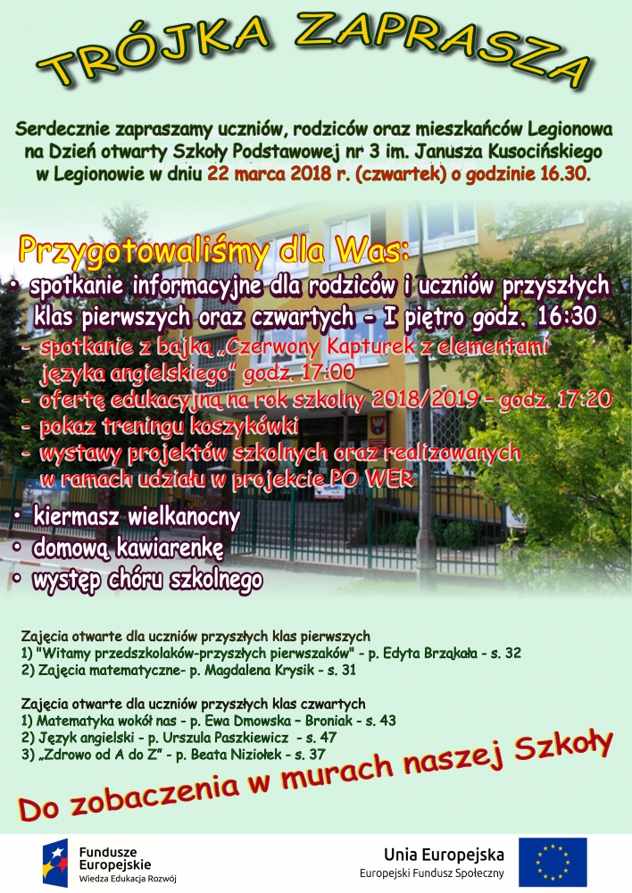 PLakat: dzień otwarty Szkoła Podstawowa nr 3