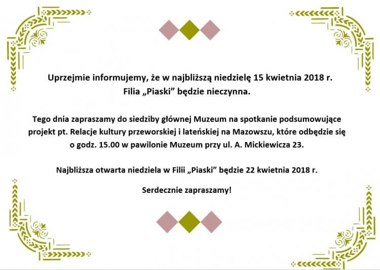 Informacja o zamianie godzin pracy Muzeum