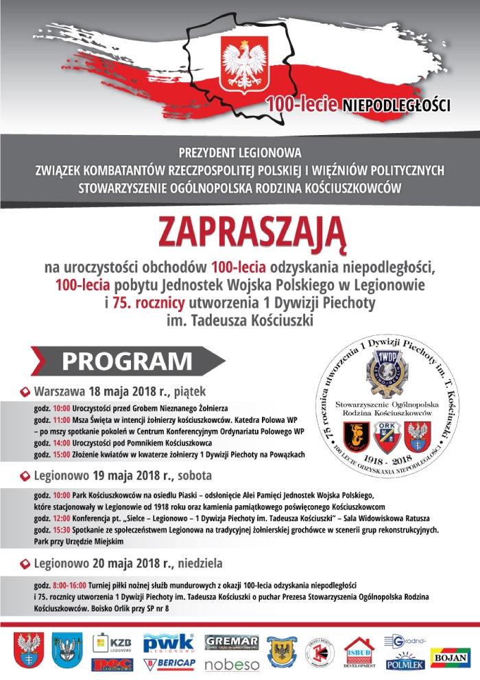 Obchody 100-lecia odzyskania niepodległości, 100-lecia pobytu Jednostek Wojskowych w Legionowie i 75. rocznicy utworzenia 1 Dywizji Piechoty im. Tadeusza Kościuszki
