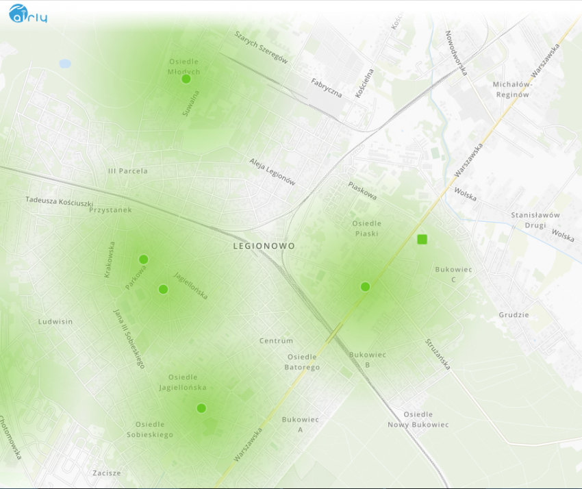 Mapa czujników jakości powietrza w Legionowie