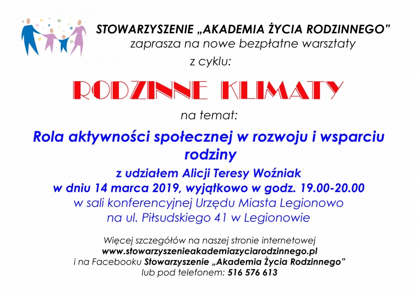 Warsztaty są bezpłatne i otwarte dla wszystkich tych, którzy są zmęczeni własnymi kłopotami rodzinnymi, mają odwagę to wyrazić i  chcą  coś dobrego wprowadzić w swoje życie.