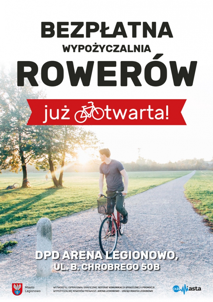 Plakat promujący start sezonu wypożyczalni rowerów w Legionowie
