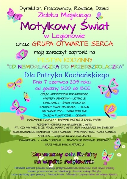 Plakat promujący festyn:  FESTYN RODZINNY „Od niemowlaczka do przedszkolaczka” 7 czerwca 2019 r zapraszamy już od 14:00