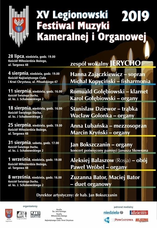 Plakat: z kalendarzem wydarzeń na XV Legionowski Festiwal Muzyki Kameralnej i Organowej