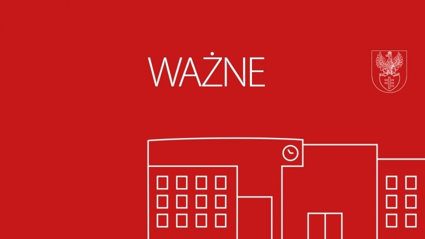 Czerwona infografika. Biały kontur w kształcie ratusza. Napis Ważne.