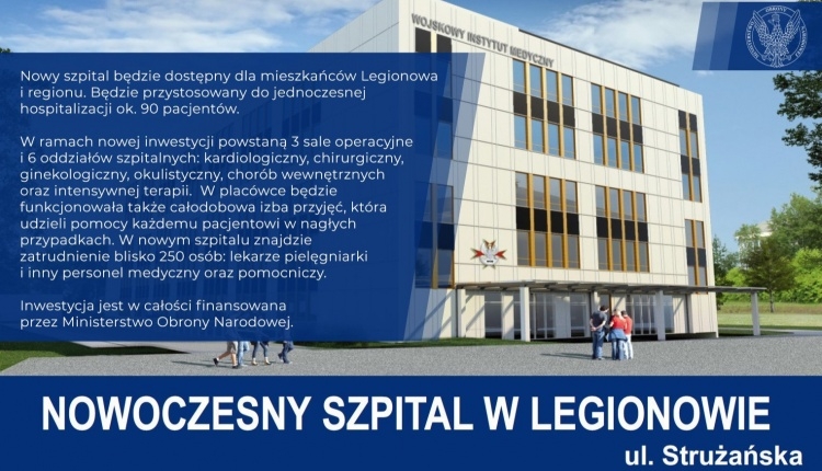 Infografika dot. Szpitala w Legionowie. W nowym szpitalu będzie funkcjonować 6 oddziałów: kardiologiczny, chirurgiczny, intensywnej terapii, chorób wewnętrznych, okulistyczny oraz ginekologiczno-położniczy. Planowane jest także utworzenie bloku operacyjnego, składającego się z 2 sal operacyjnych. Według założeń placówka będzie mogła hospitalizować jednocześnie około 90 pacjentów. Lekarze będą w nim dyżurowali 24 godziny na dobę.