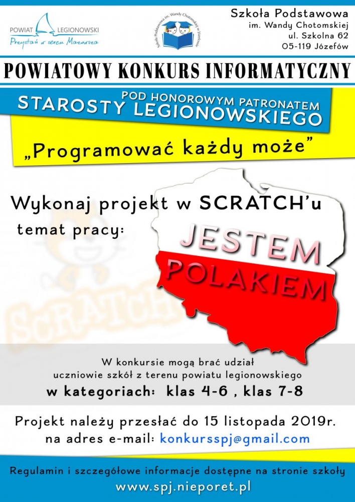 Plakat: Uczniowie, którzy interesują się informatyką mogą sprawdzić swoje siły w konkursie „Programować każdy może - konkurs informatyczny dla uczniów”. Na zwycięzców czekają nagrody.