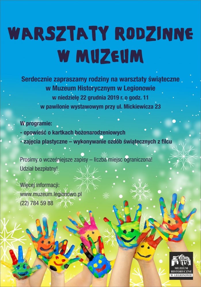 Plakat informujący o warsztatach rodzinnych w muzeum