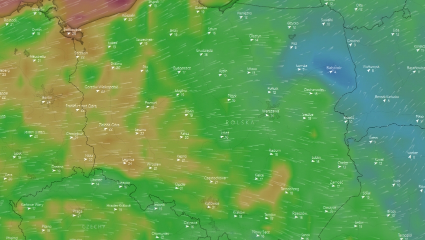Mapa meteorologiczna Polski z wizualizacją siły wiatru /źródło: windy.com