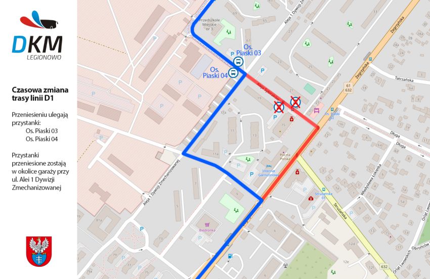 Mapa z nanisioną zmianą trasy linii D1