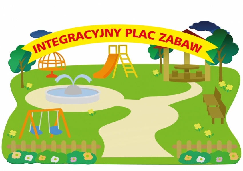 Grafika zielonego placu zabaw. Na żółtym tle jest napis:Integracyjny plac zabaw