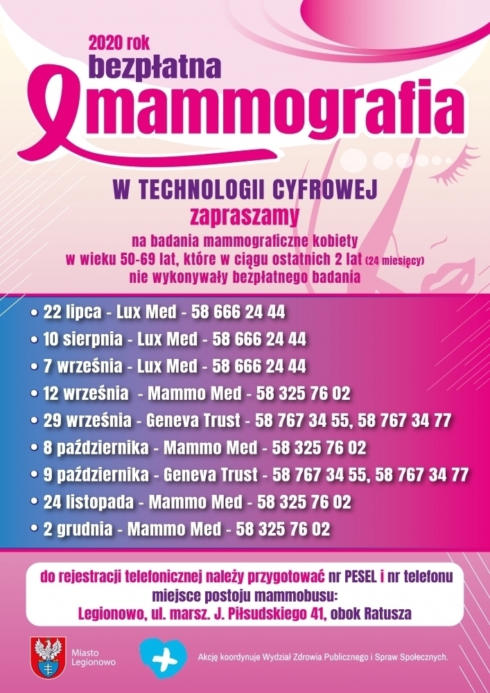 Plakat z terminami dot. bezpłatnej mammografi