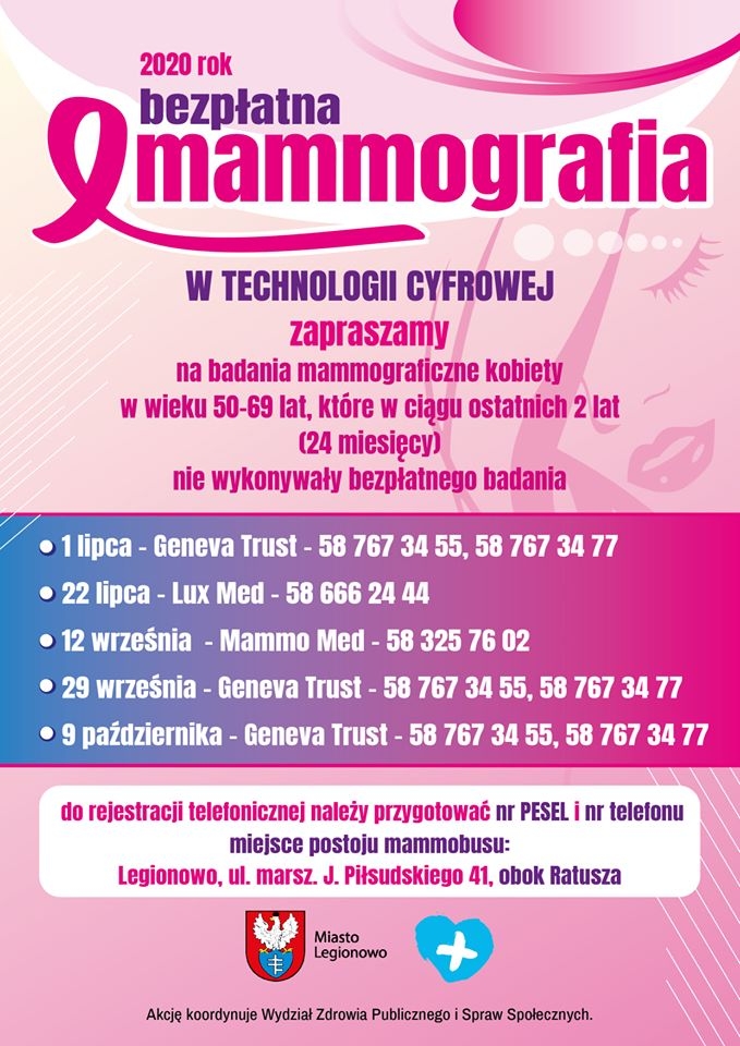 Plakat z terminami dot. bezpłatnej mammografi