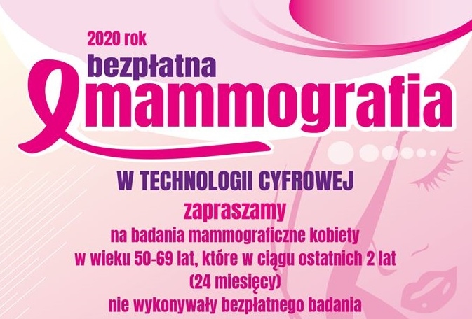 Plakat z terminami dot. bezpłatnej mammografi