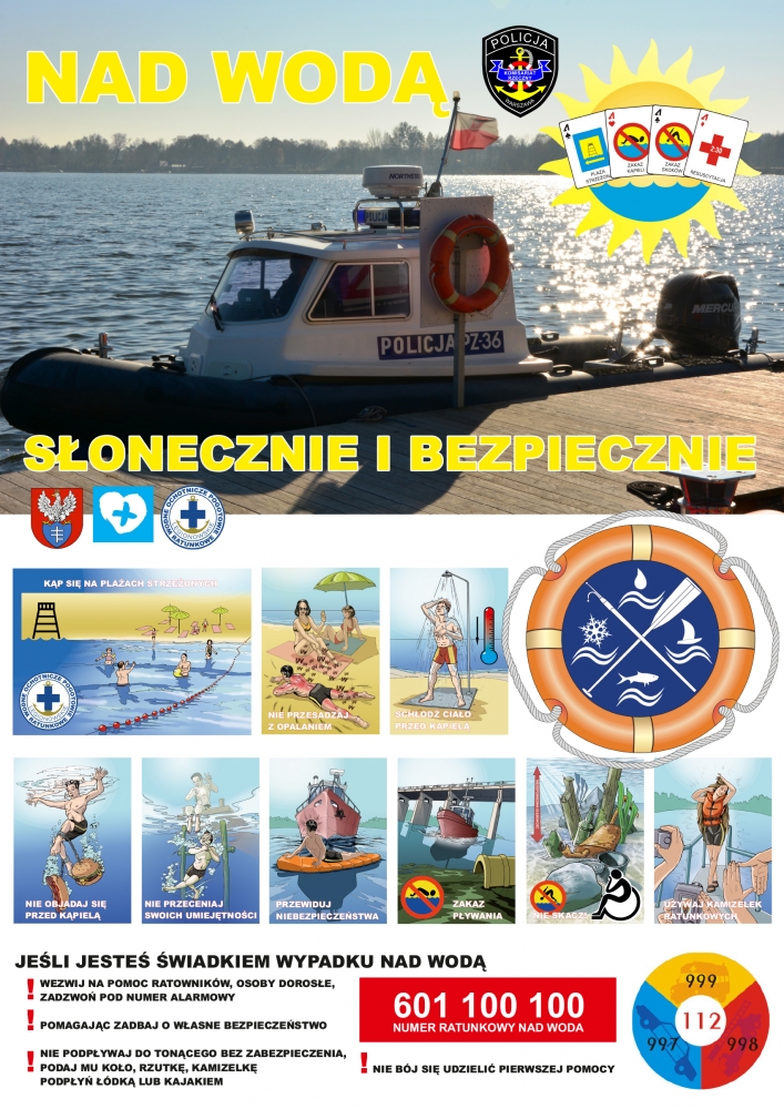 Plakat nad wodą słonecznie i bezpiecznie / Wydział Zdrowia Publicznego i Spraw Społecznych