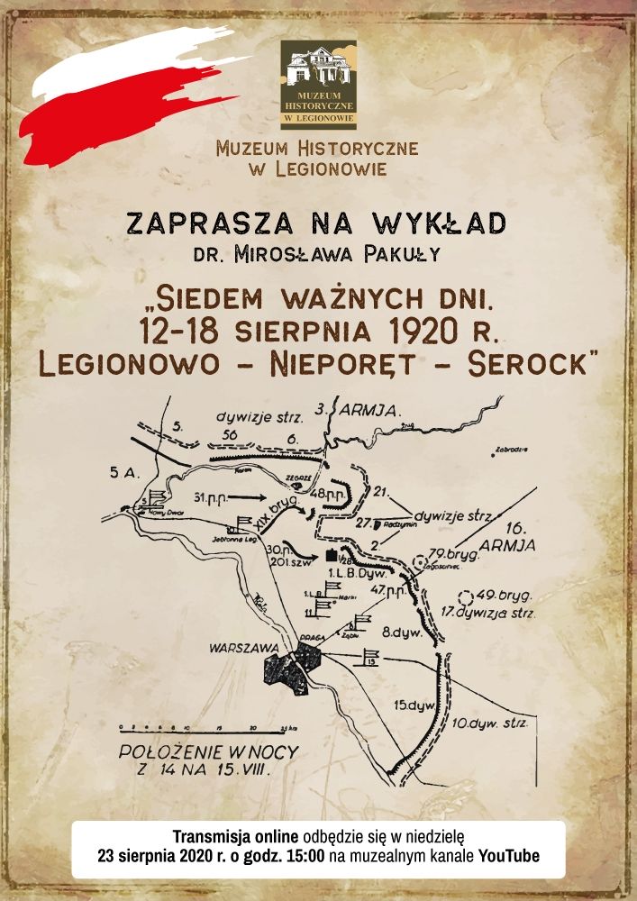 Plakat prezentujący wykład Siedem ważnych dni. 12-18 sierpnia 1920 r. Legionowo - Nieporęt - Serock