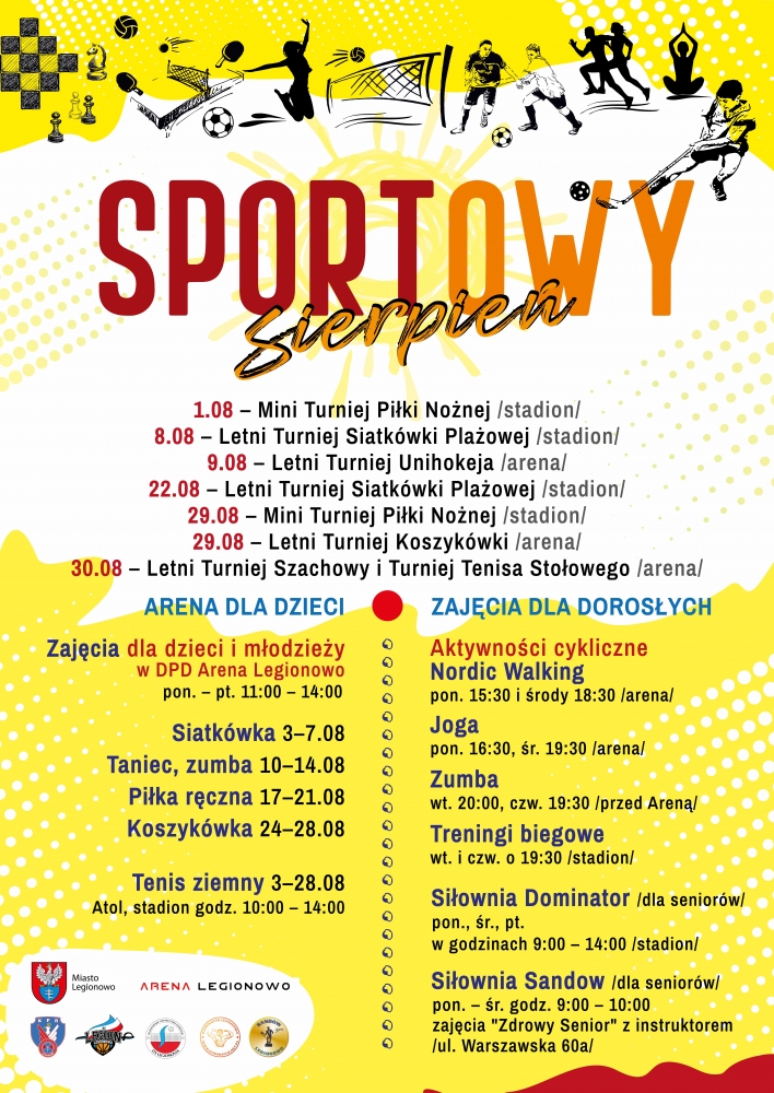 Grafika promująca sportowy sierpień w Legionowie