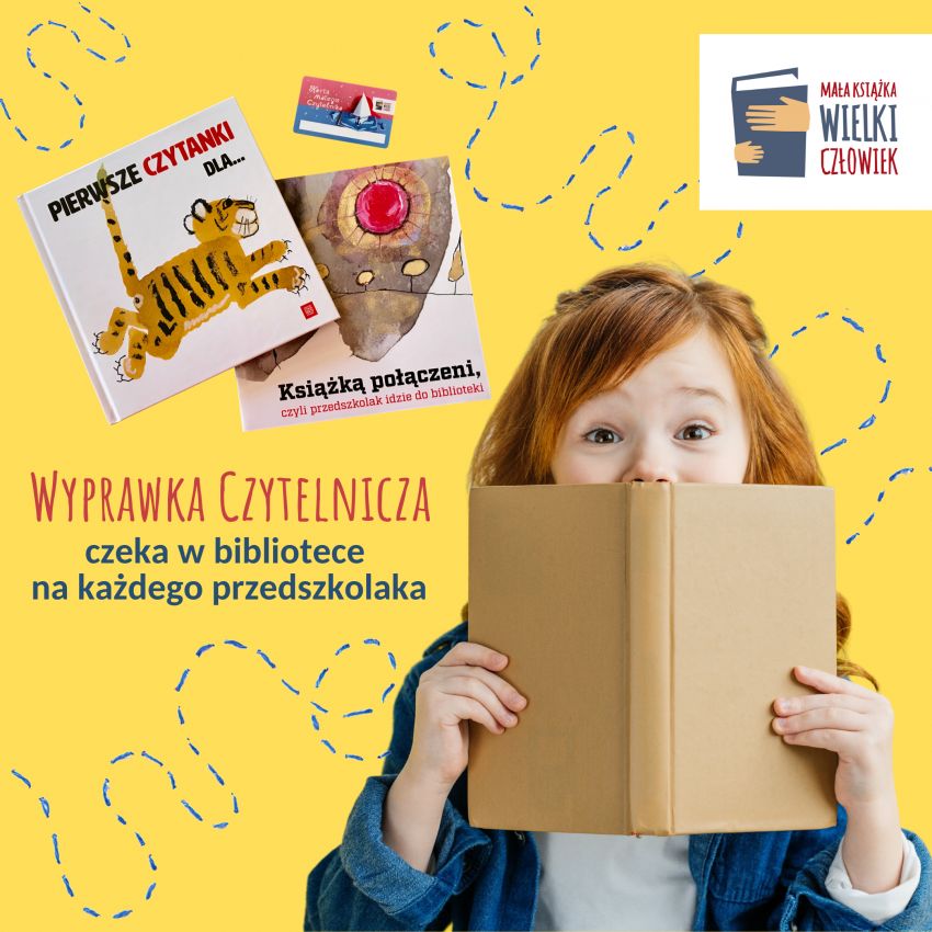 Na zdjęciu książka, którą trzyma kobieta. Żółte tło. grafika promuje Bezpłatna Wyprawkę Czytelniczą dla każdego przedszkolaka