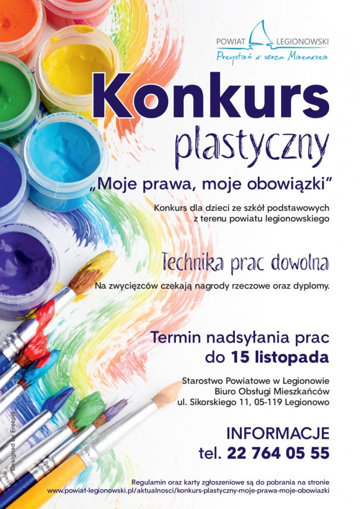 Plakat promujący Konkurs Plastyczny. W tle pędzel i paleta, na której znajdują się farby. Konkurs jest adresowany do dzieci i młodzieży mieszkających lub uczących się w powiecie legionowskim.