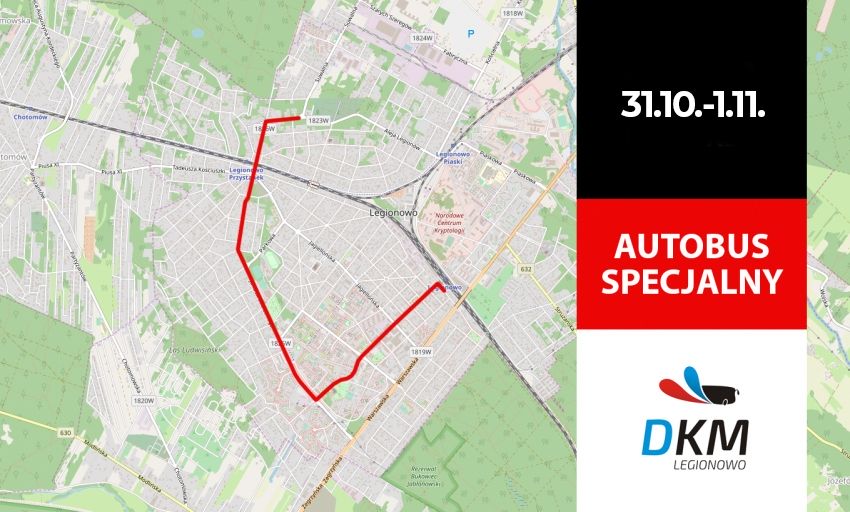 Mapa poglądowa z naniesioną czerwoną linią trasy Autobusu Specjalnego w dniach 31 października i 1 listopada