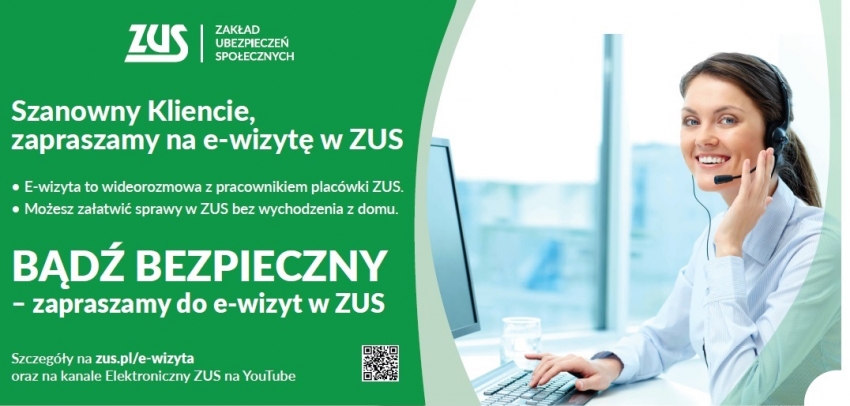 E-wizyta baner. Kobieta ma na głowie słuchawki. Udziela e-porad ZUS.