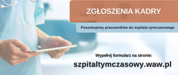 Grafika promująca rekruacje do szpitala. Grafika przedstawia osobę w kitlu trzymającą dokumenty.