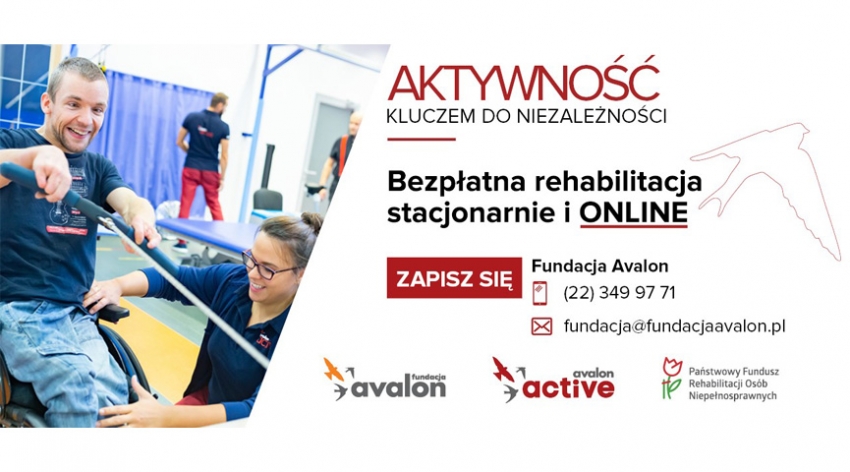 Grafika promująca program rehabilitacyjny fundacji Avalon - Aktywność kluczem do niezależności.