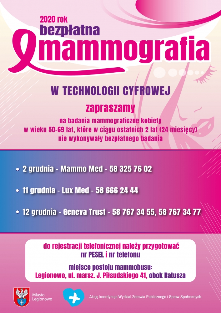 Plakat z terminami dot. bezpłatnej mammografii
