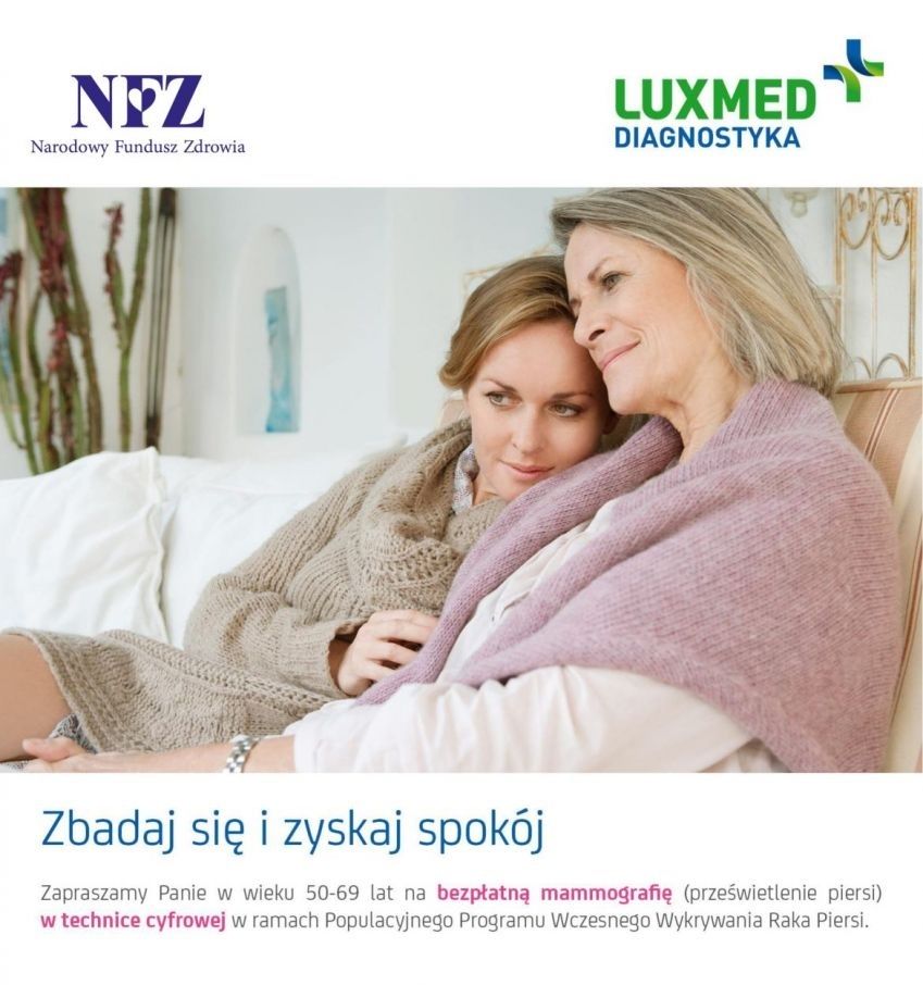Plakat: LUX MED zaprasza na bezpłatne badania mammograficzne, finansowane przez NFZ, w ramach Programu Profilaktyki Raka Piersi w mobilnych pracowniach mammograficznych.
