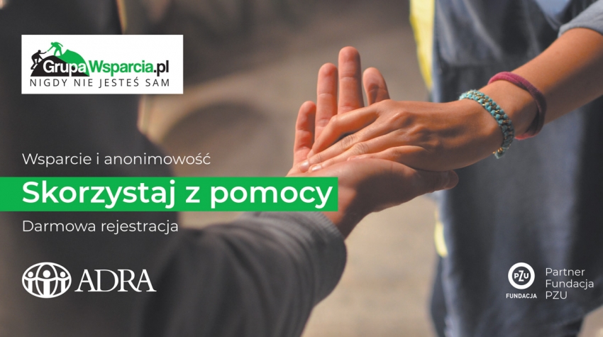 Grafika promująca wsparcie psychologiczne on-line z napisem: Wsparcie i anonimowość - Skorzystaj z pomocy - Darmowa rejestracja.